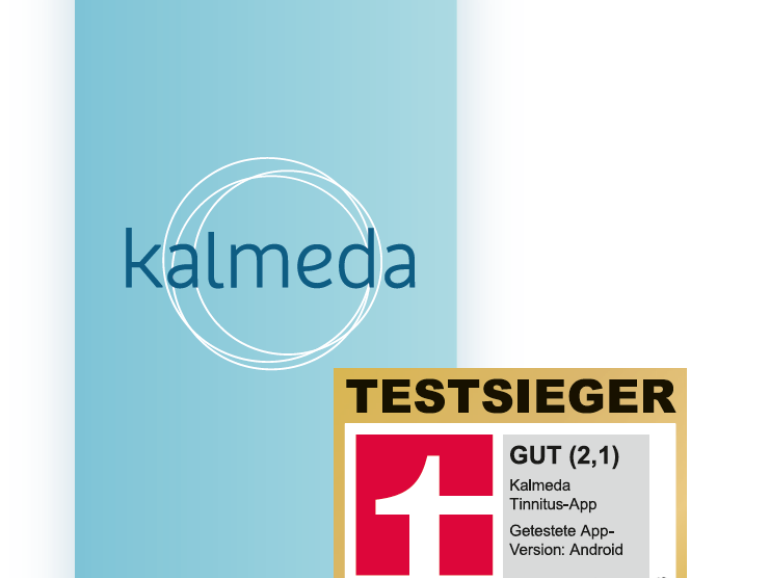 Fotocollage eines Handybildschirms mit dem Kalmeda-Logo und dem Stiftung-Warentest-Siegel.